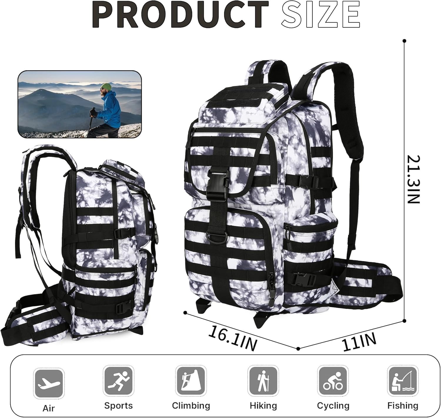 50L Military Tactical Backpack 3 Day Assault Pack Daypack Hiking Backpack for Men and Women (Black white Tie-Dye) - Image 2