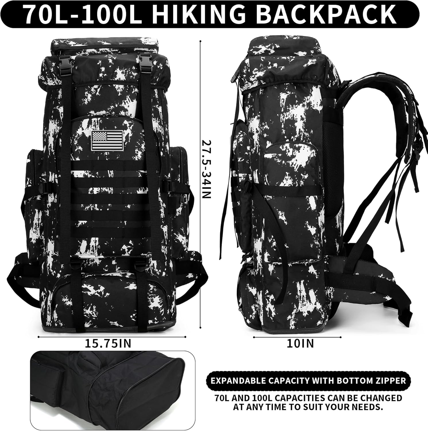 Hiking Backpack for Men 70L/100L Camping Backpack Military Rucksack 3 Days Assault Pack for Climbing | Camping Backpack, 3 Days Assault Pack, for Climbing - Image 2