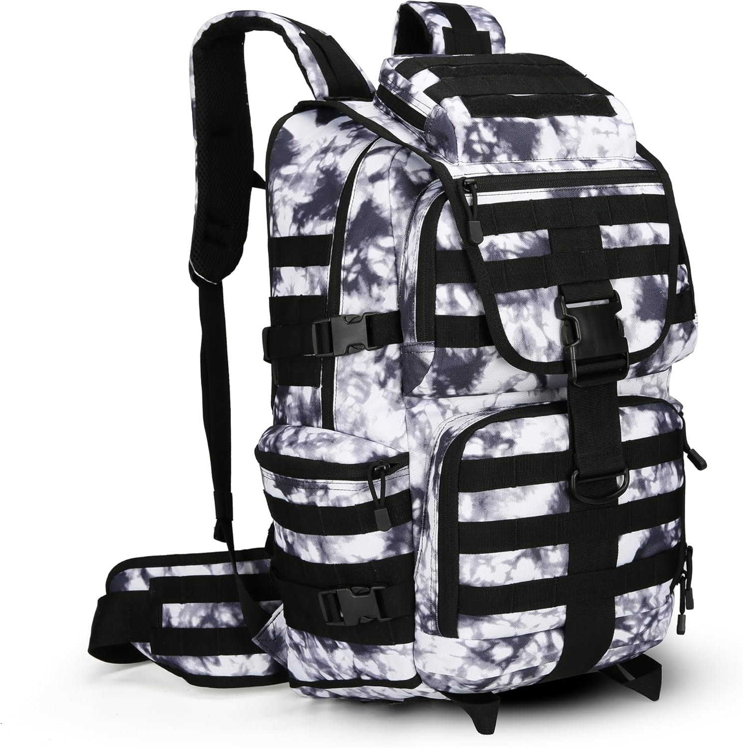 50L Military Tactical Backpack 3 Day Assault Pack Daypack Hiking Backpack for Men and Women (Black white Tie-Dye)