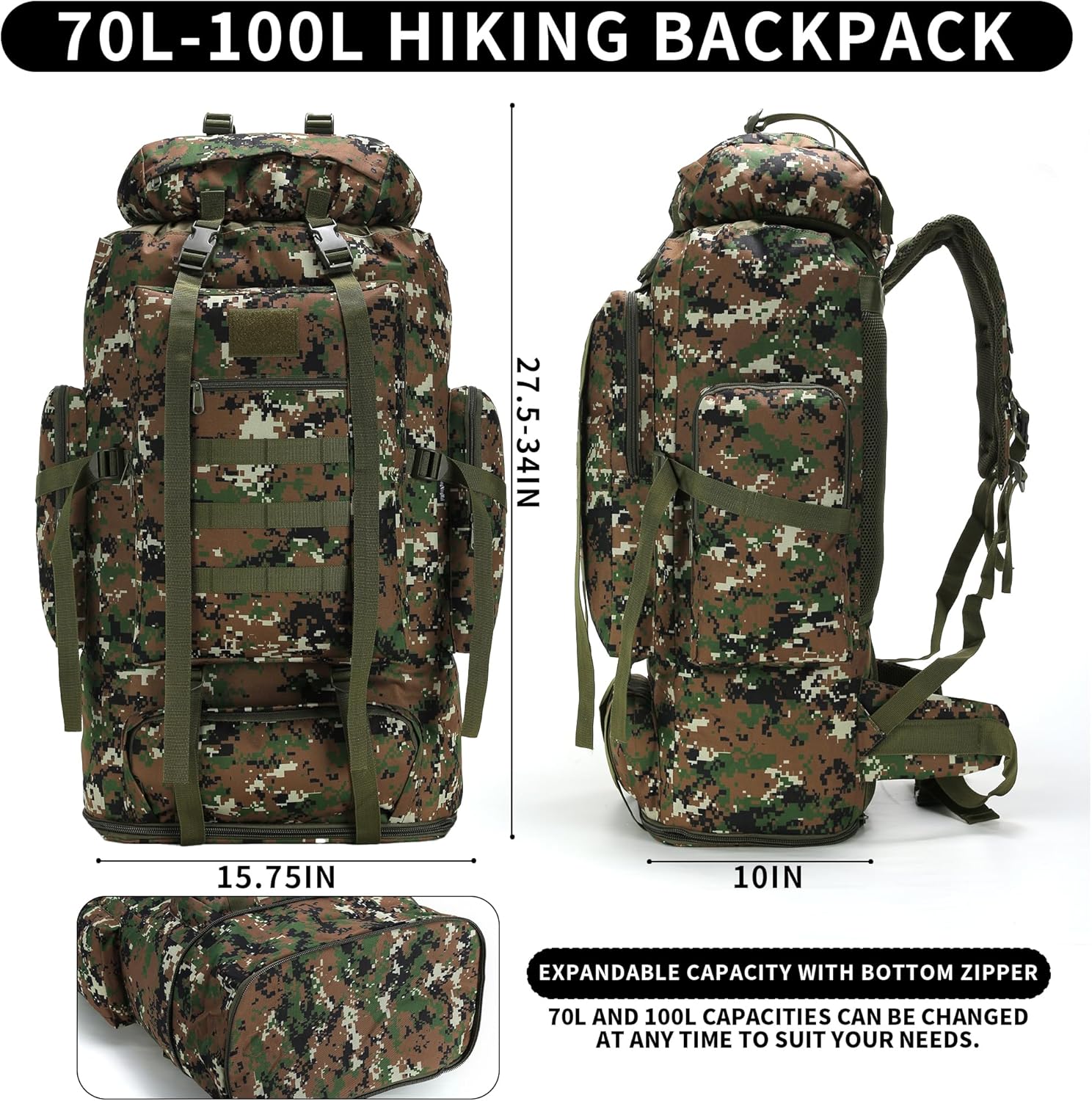Hiking Backpack for Men 70L/100L Camping Backpack Military Rucksack 3 Days Assault Pack for Climbing | Camping Backpack, 3 Days Assault Pack, for Climbing - Image 2
