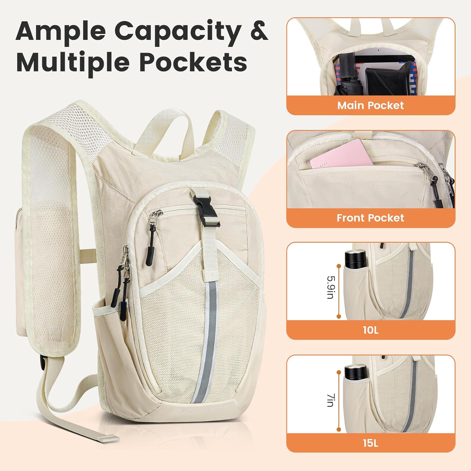 Small Hiking Backpack 10L- Lightweight Packable Foldable Backpack for Travel Camping Outdoor Commute, Compact Rucksack for Women Men(Beige) - Image 2